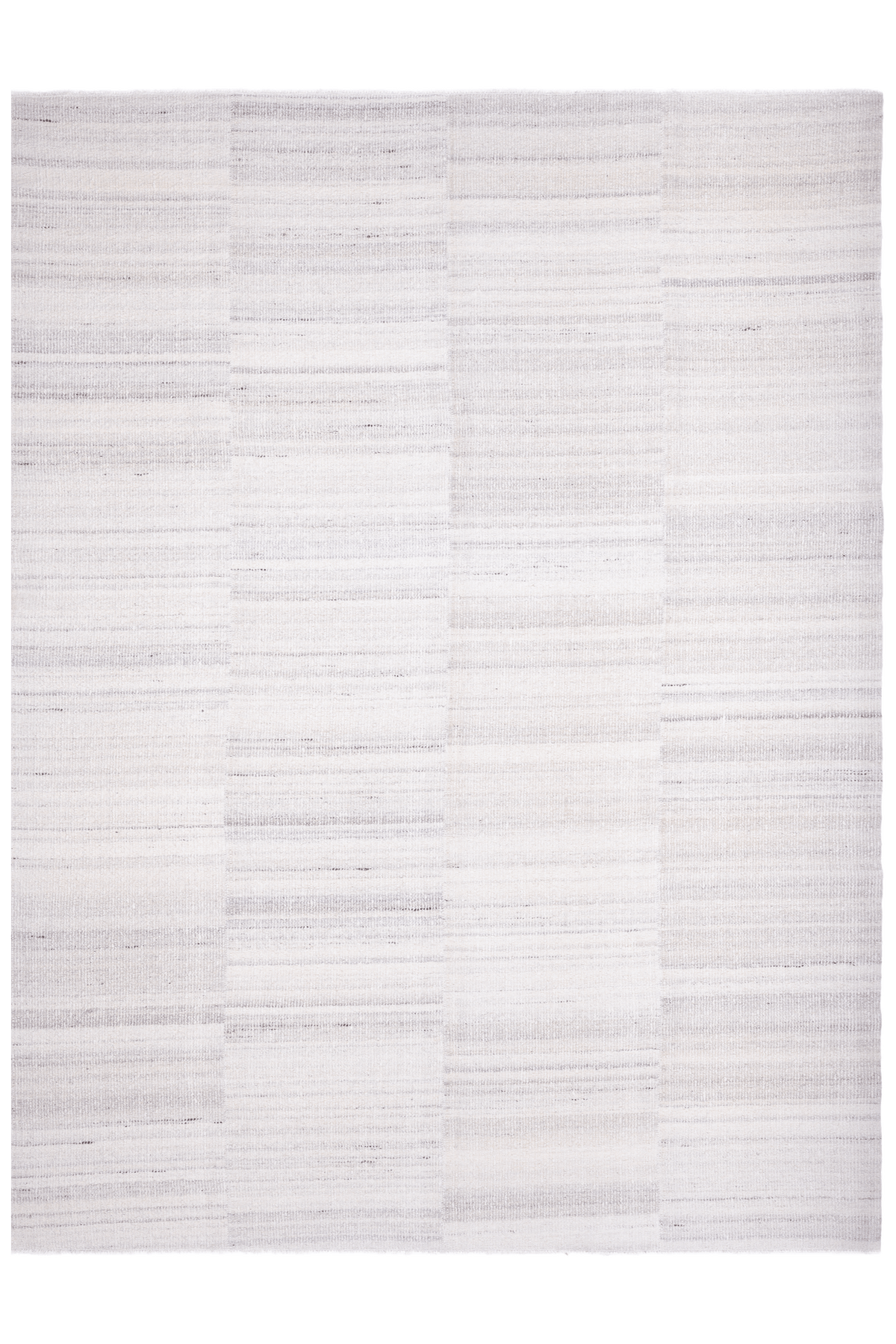 Minimalist white handwoven wool and cotton flatweave rug with a subtle, textured horizontal striped pattern.
