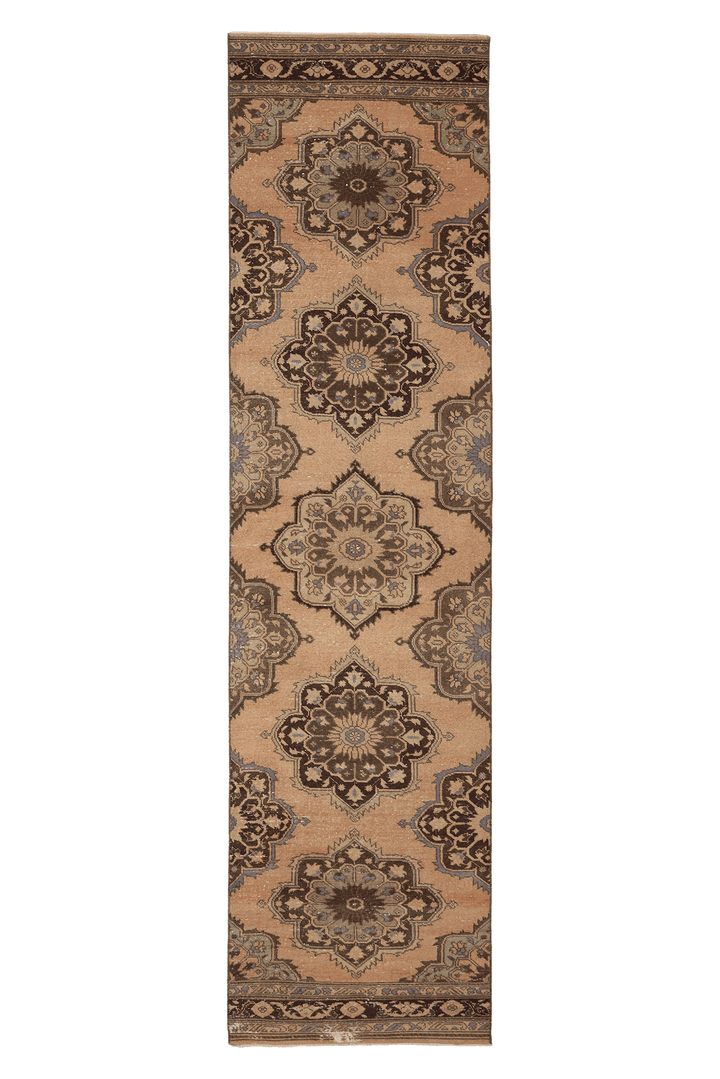 Vintage Konya Turkish Runner Rug 3x12 ft — Beige & Brown Geometric
