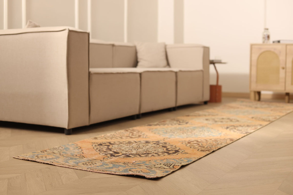 Vintage Konya Turkish Runner Rug 3x13 ft — Orange & Brown Floral