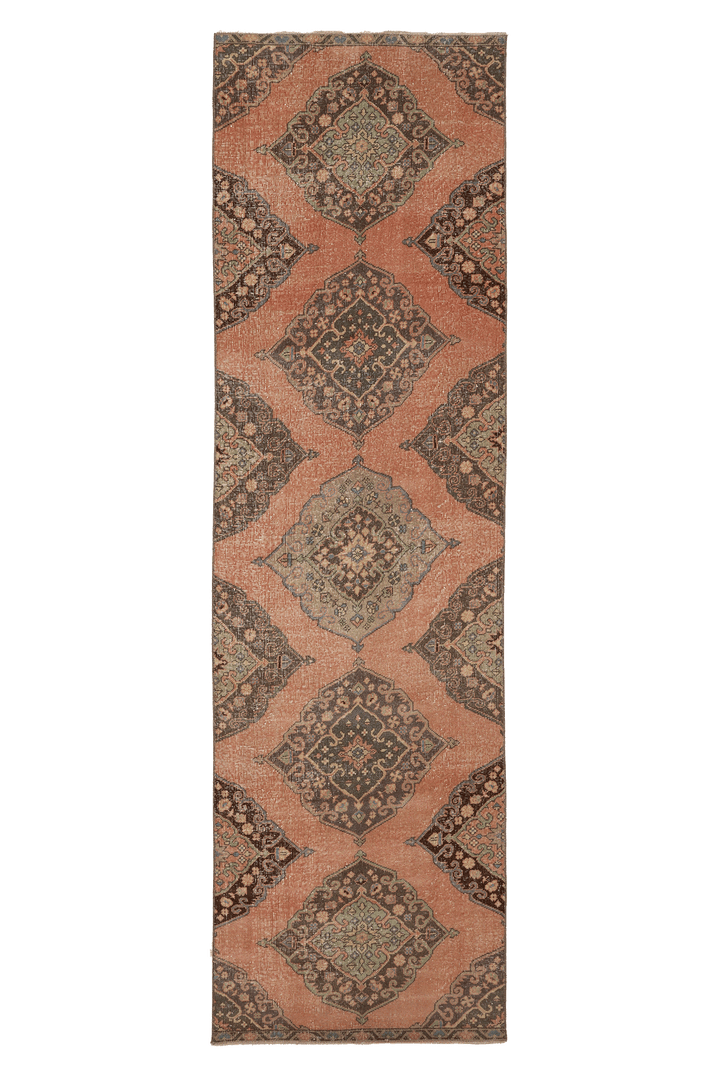 Vintage Konya Turkish Runner Rug 3x11 ft — Brown & Orange Geometric