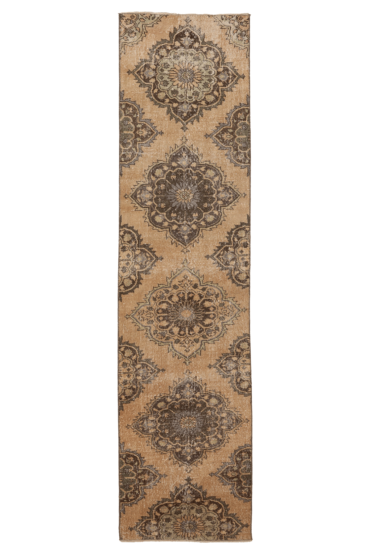 Vintage Konya Turkish Runner Rug 2x10 ft — Beige & Brown Floral