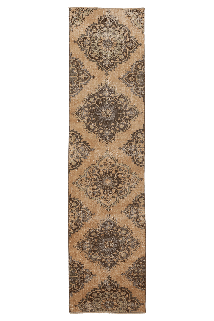 Vintage Konya Turkish Runner Rug 2x10 ft — Beige & Brown Floral