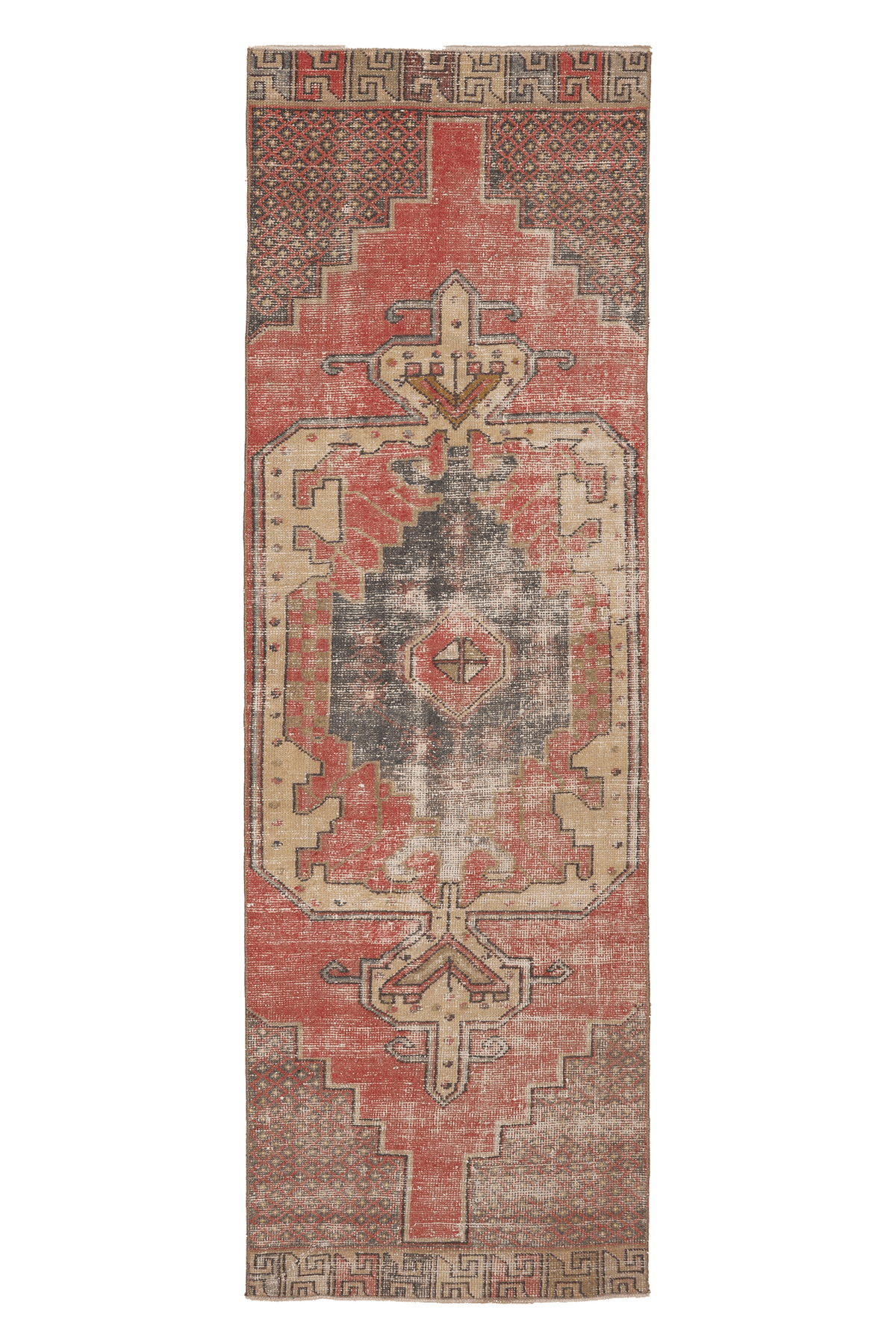 Vintage Nevşehir Turkish Runner Rug 2x9 ft — Red & Beige Geometric