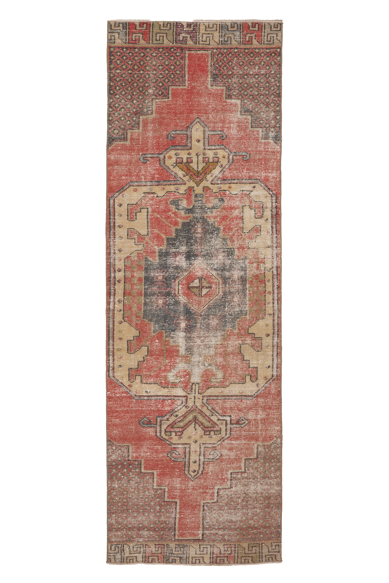 Vintage Nevşehir Turkish Runner Rug 2x9 ft — Red & Beige Geometric