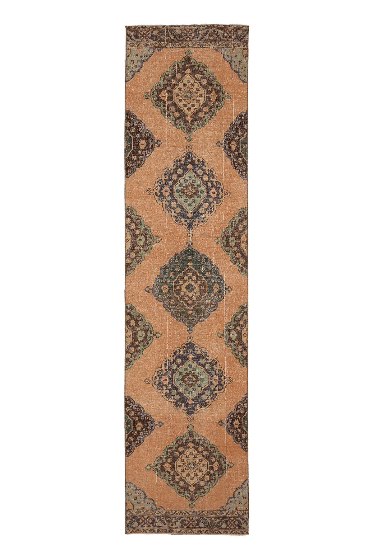 Vintage Konya Turkish Runner Rug 3x12 ft — Orange & Green Geometric