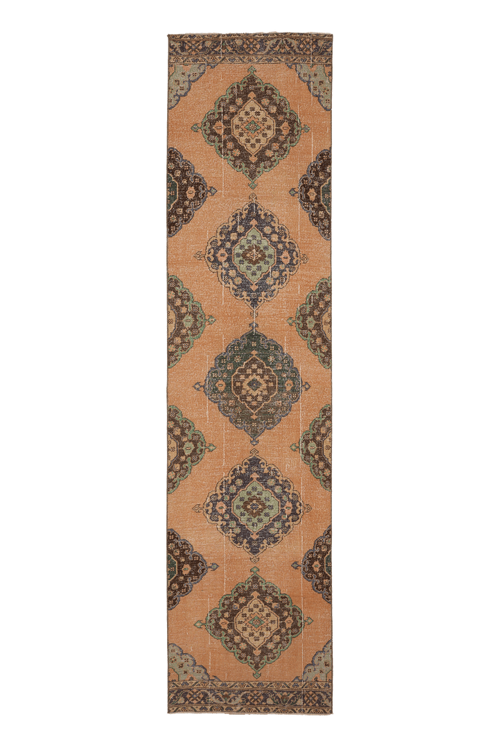 Vintage Konya Turkish Runner Rug 3x12 ft — Orange & Green Geometric