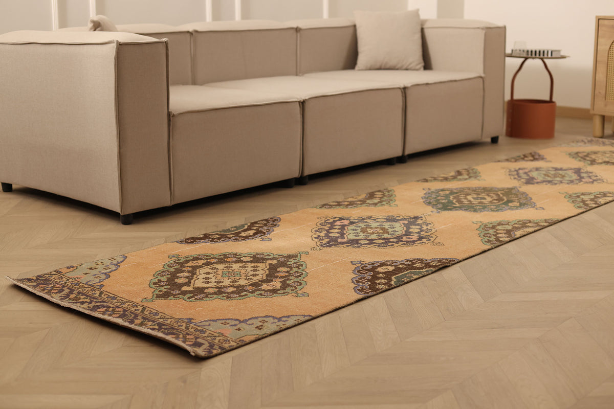 Vintage Konya Turkish Runner Rug 3x12 ft — Orange & Green Geometric