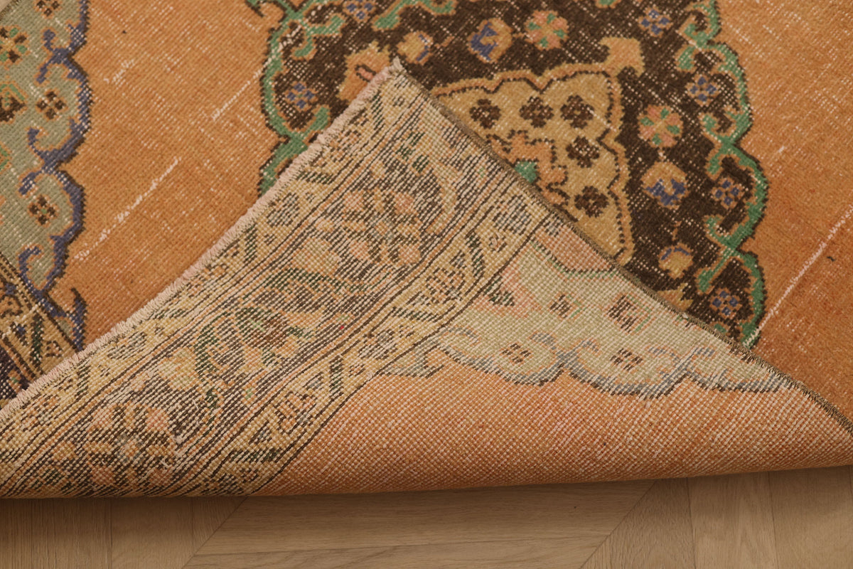 Vintage Konya Turkish Runner Rug 3x12 ft — Orange & Green Geometric
