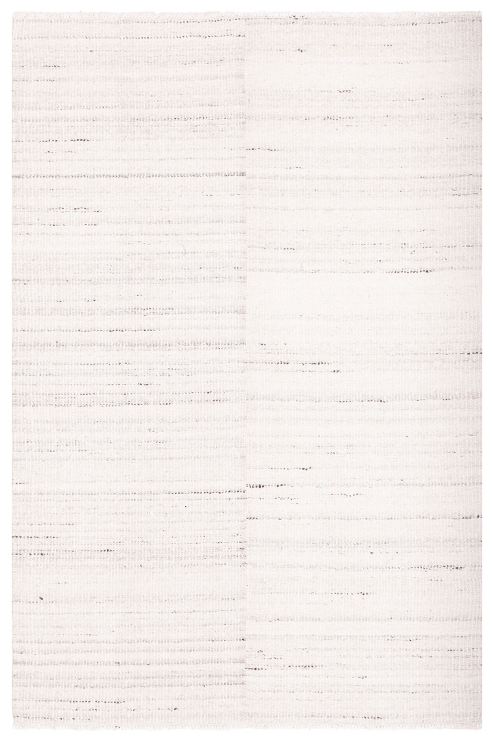 Handwoven white flatweave wool and cotton rug with a minimalist textured striped pattern for modern home decor.