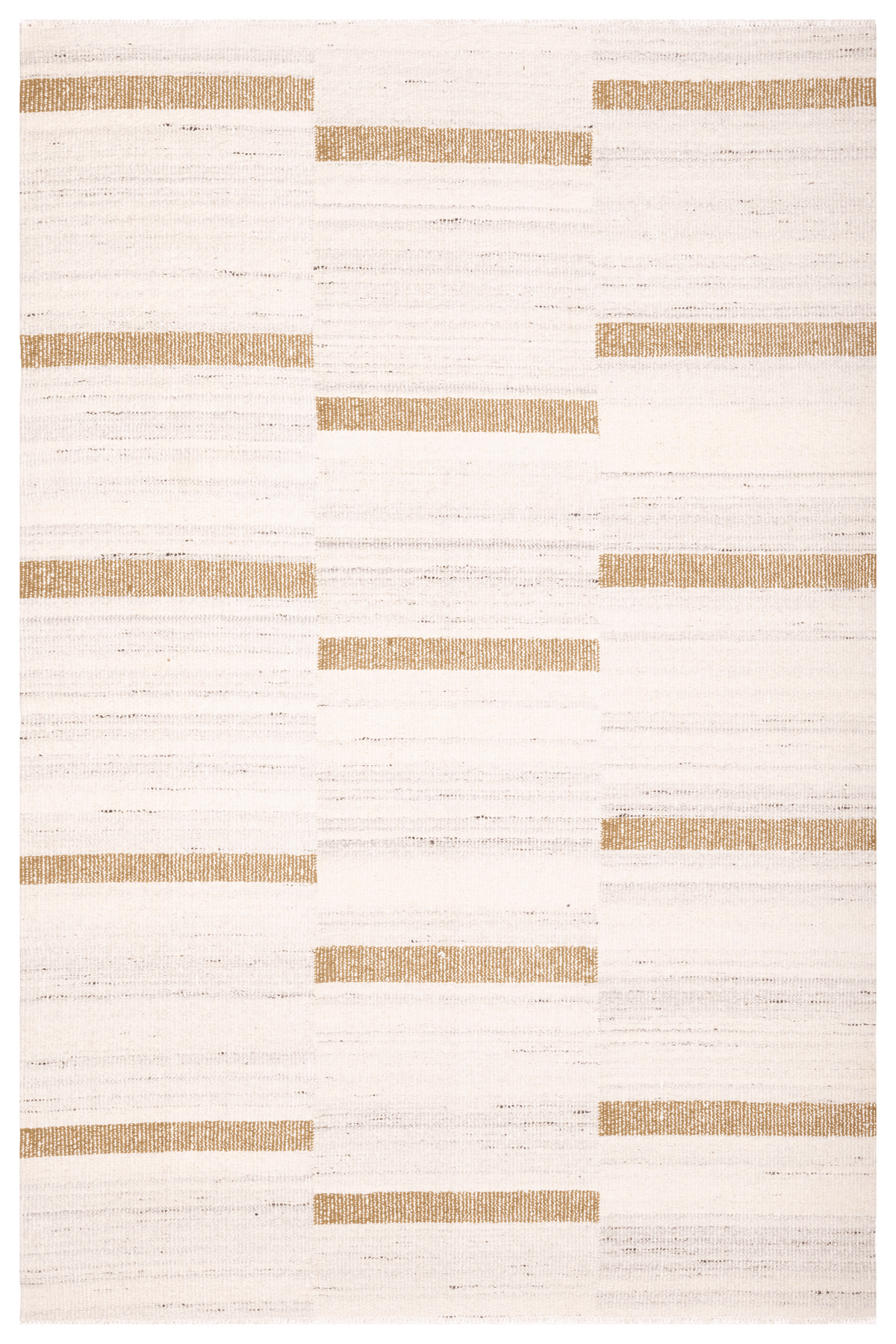 Handwoven white and brown wool-cotton flatweave rug featuring a modern striped geometric pattern.