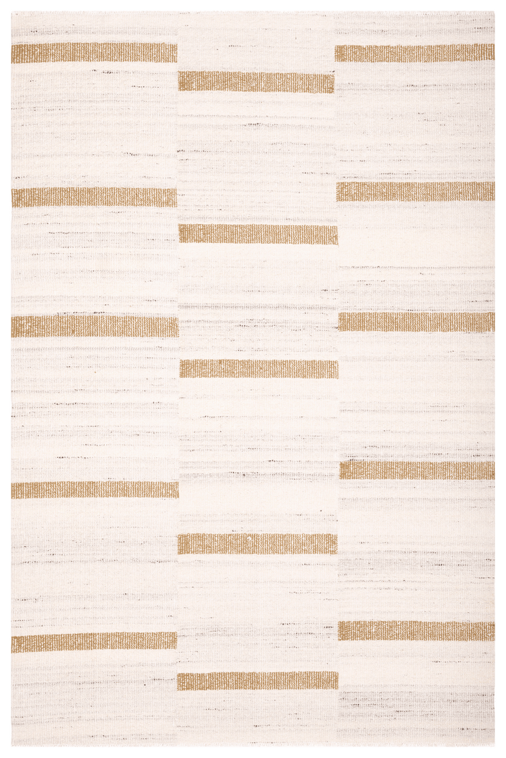 Handwoven white and brown wool-cotton flatweave rug featuring a modern striped geometric pattern.