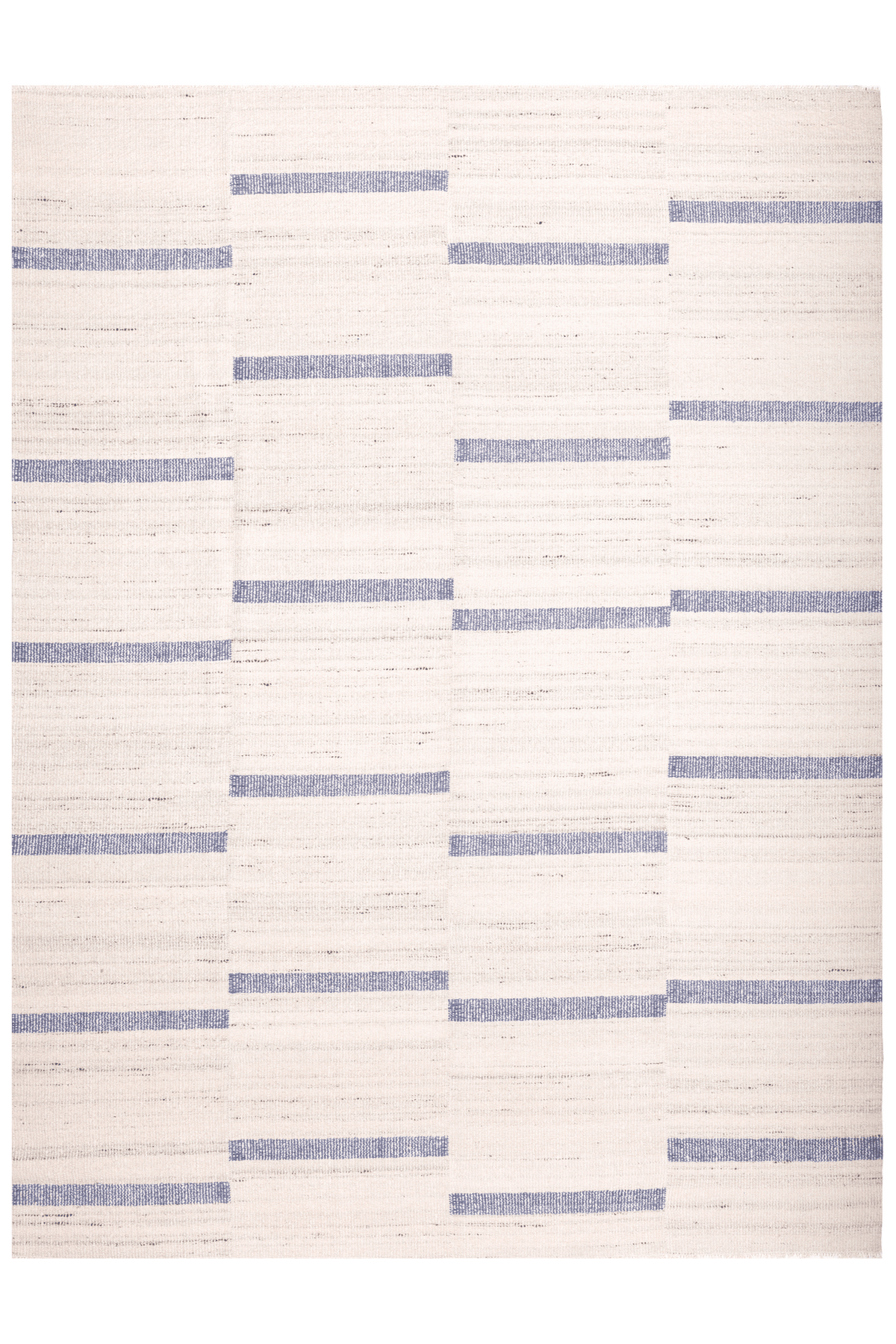 Handwoven white and blue wool-blend flatweave rug featuring a modern geometric striped pattern.