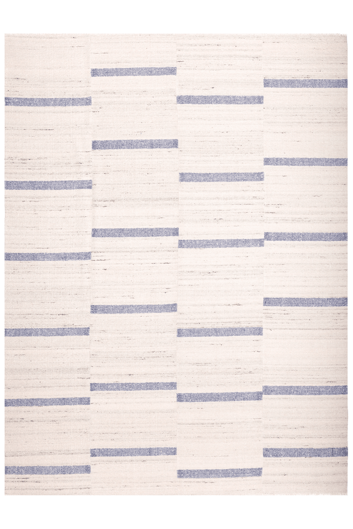 Handwoven white and blue wool-blend flatweave rug featuring a modern geometric striped pattern.