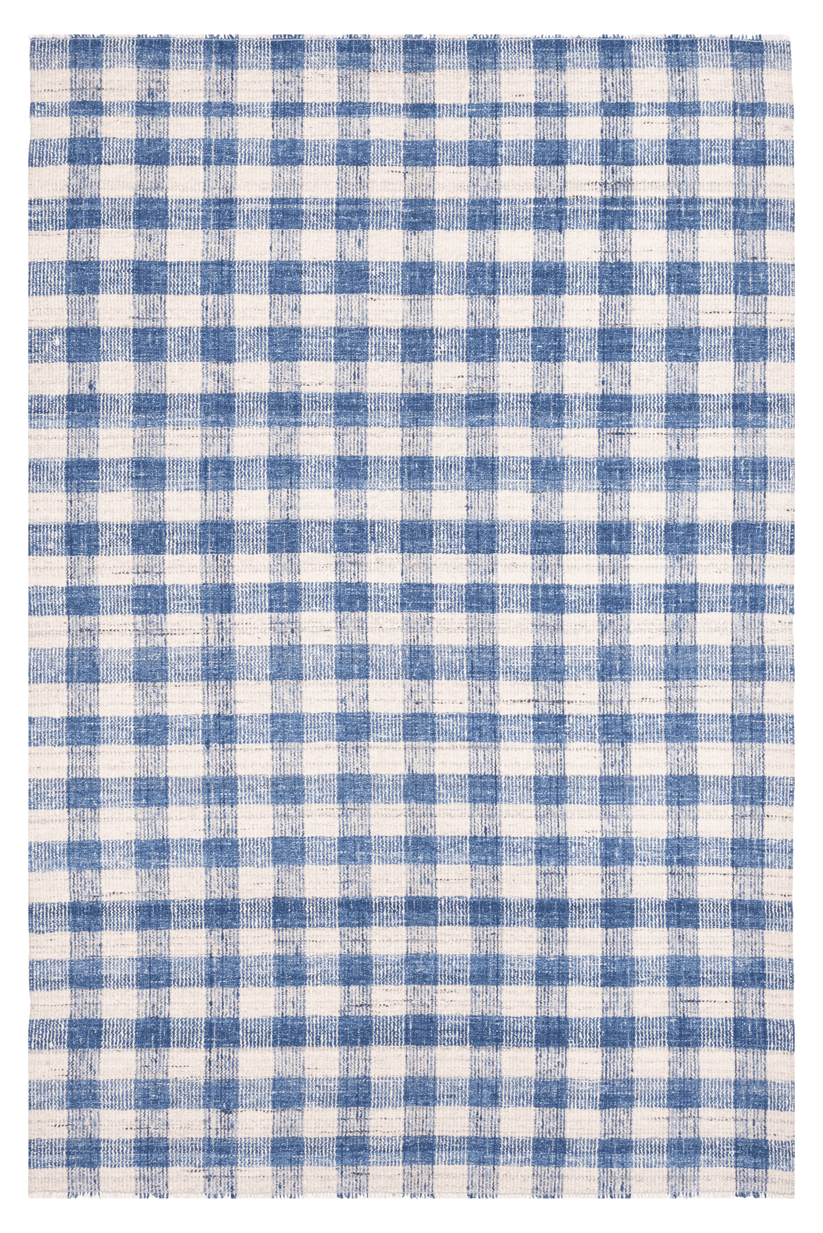 Handwoven blue and white checkered flatweave wool-blend rug with a durable, reversible, and modern design.