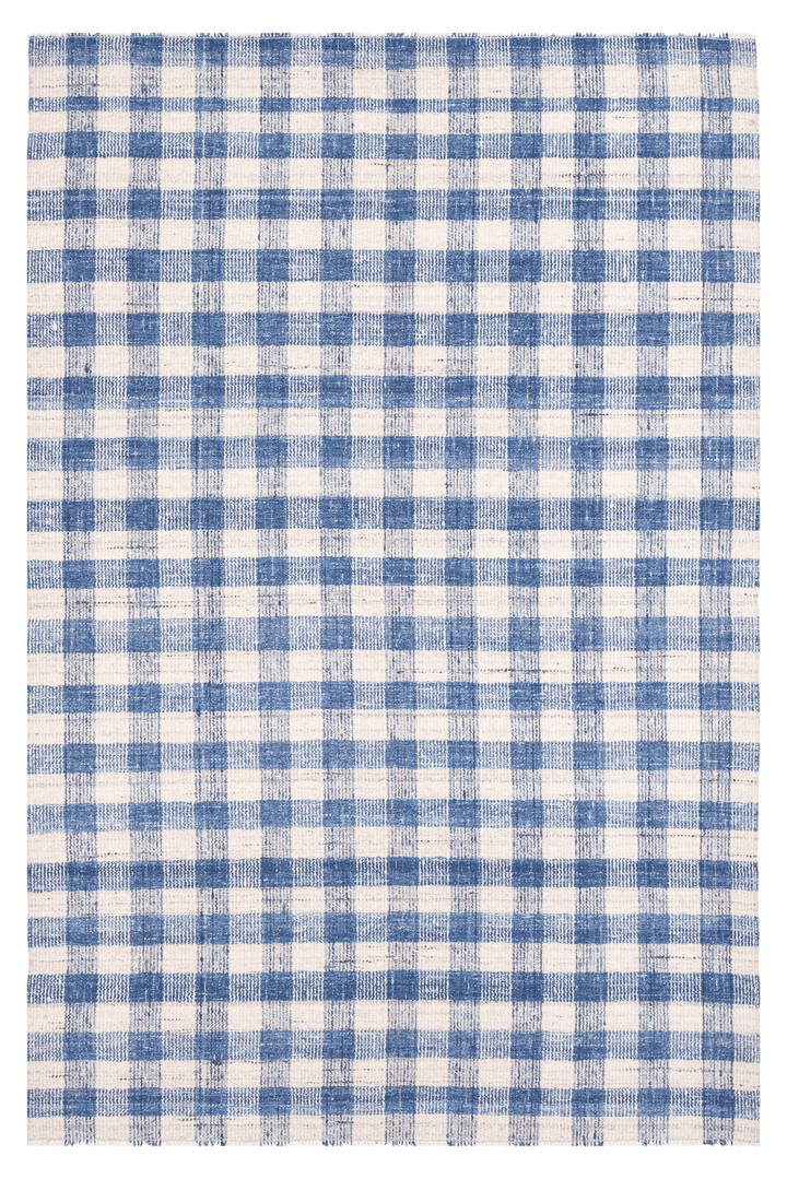 Handwoven blue and white checkered flatweave wool-blend rug with a durable, reversible, and modern design.