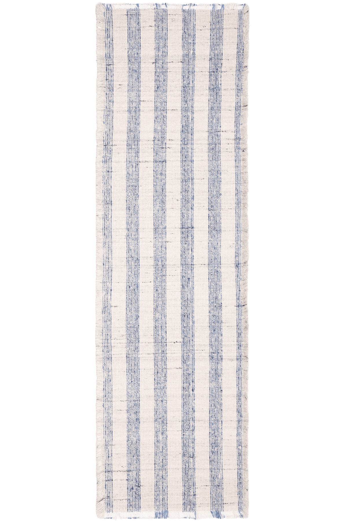 Handwoven white and blue striped wool-blend flatweave runner rug with decorative fringed edges.