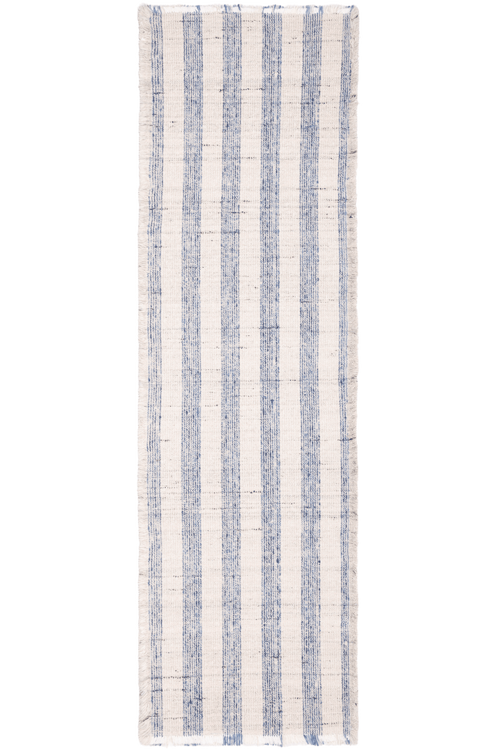 Handwoven white and blue striped wool-blend flatweave runner rug with decorative fringed edges.
