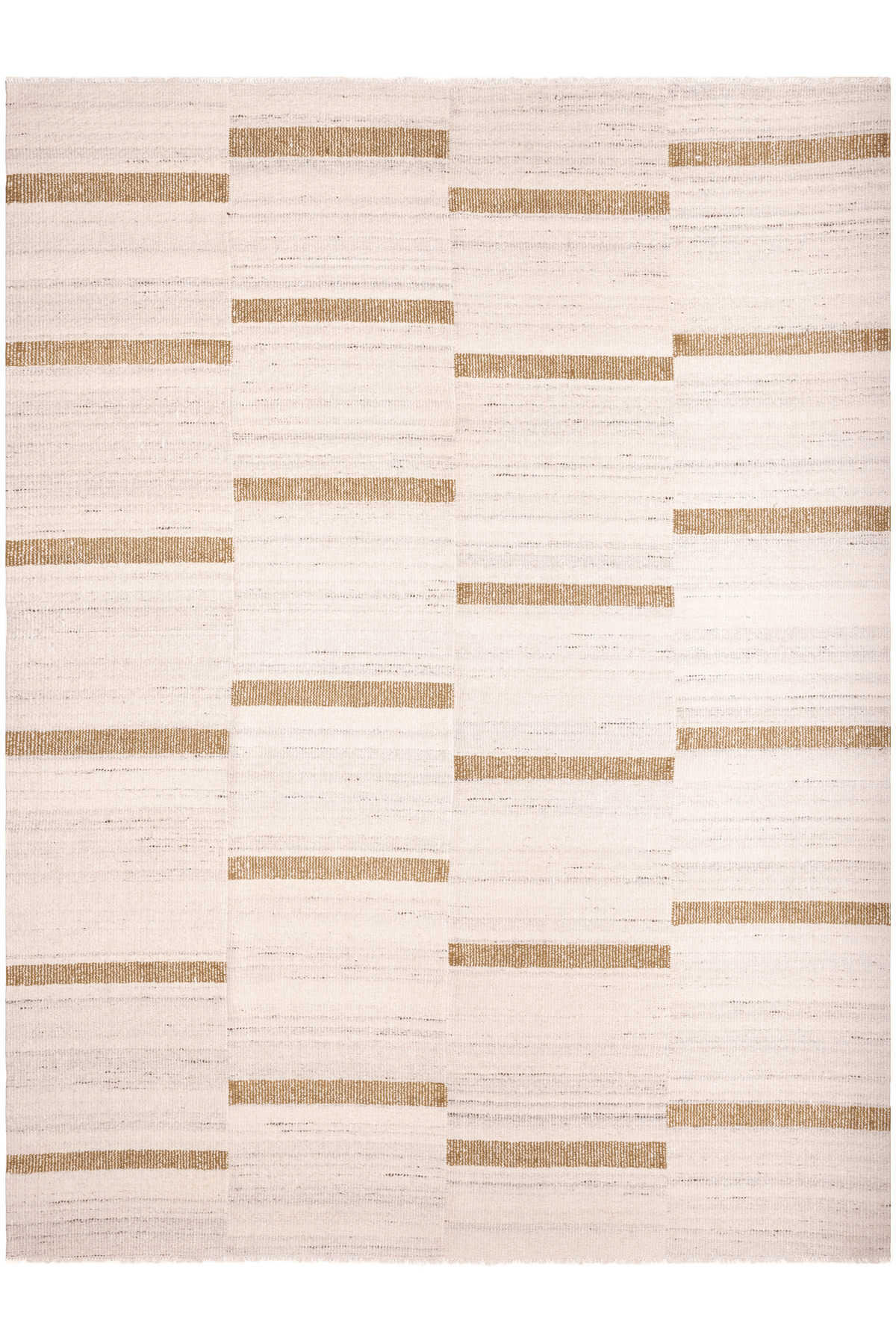 Handwoven beige and brown wool-blend flatweave rug featuring a modern geometric striped pattern.
