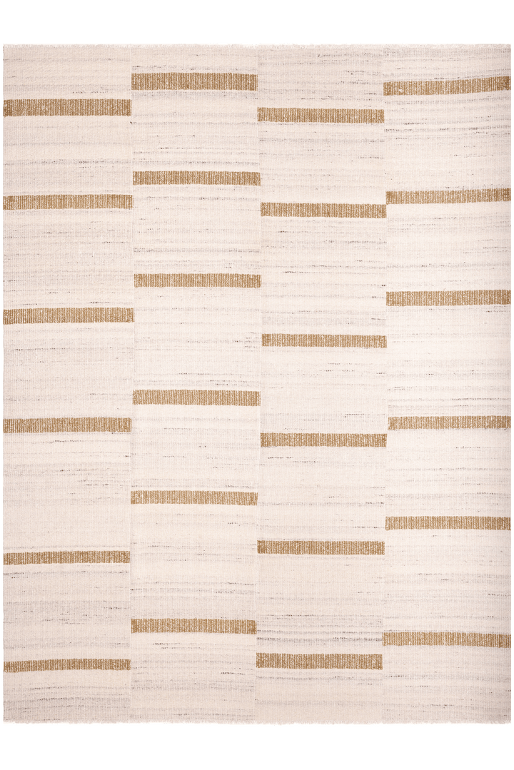 Handwoven beige and brown wool-blend flatweave rug featuring a modern geometric striped pattern.