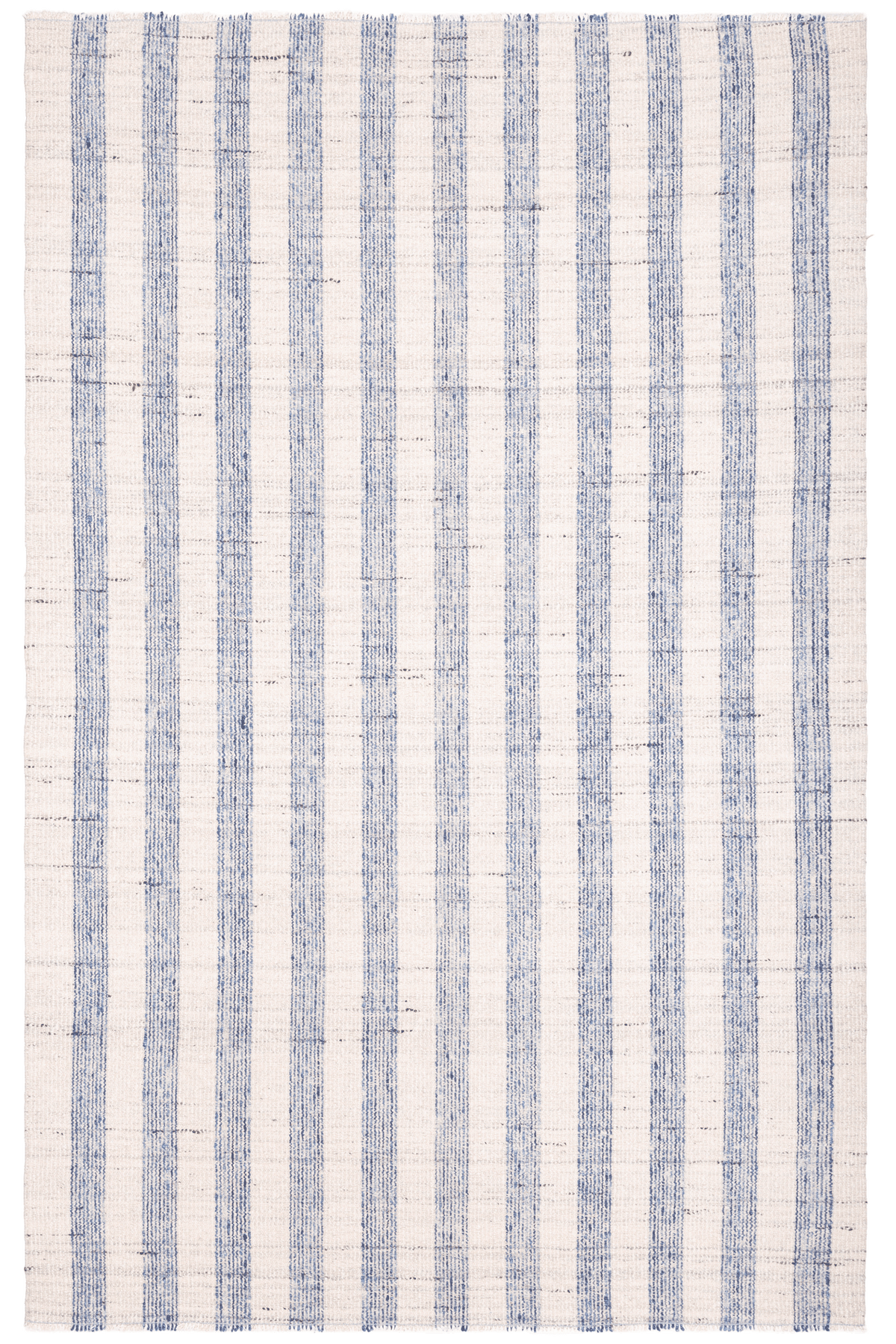 Handwoven white and blue striped wool-blend flatweave rug with a durable, reversible design.