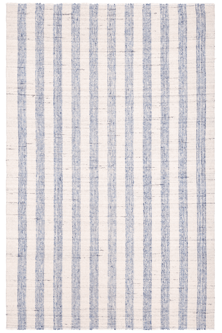 Handwoven white and blue striped wool-blend flatweave rug with a durable, reversible design.