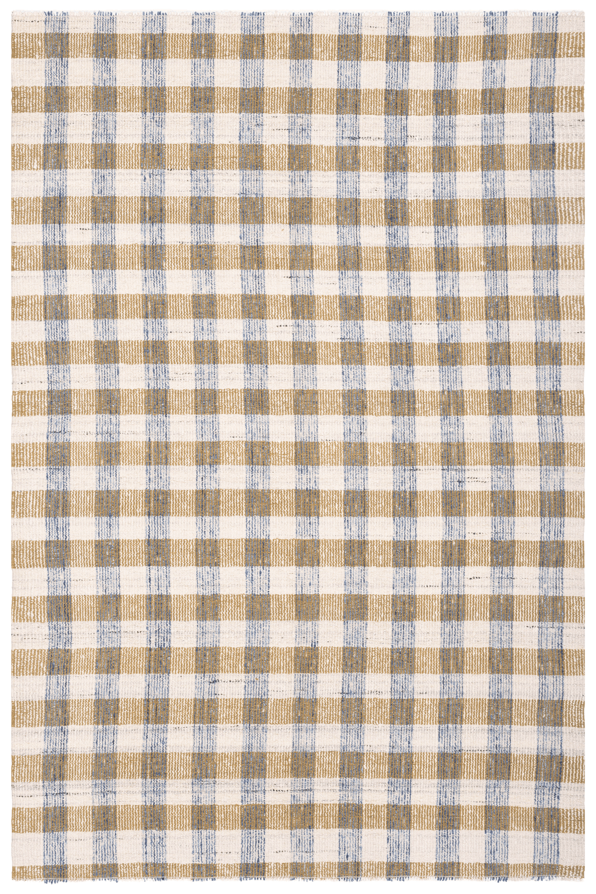 Handwoven white, brown, and blue checkered flatweave wool-blend rug with a durable, reversible, and modern design.