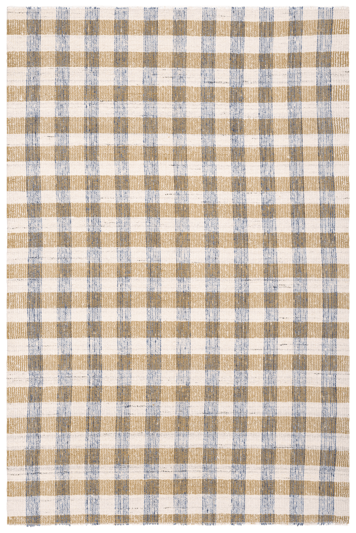 Handwoven white, brown, and blue checkered flatweave wool-blend rug with a durable, reversible, and modern design.