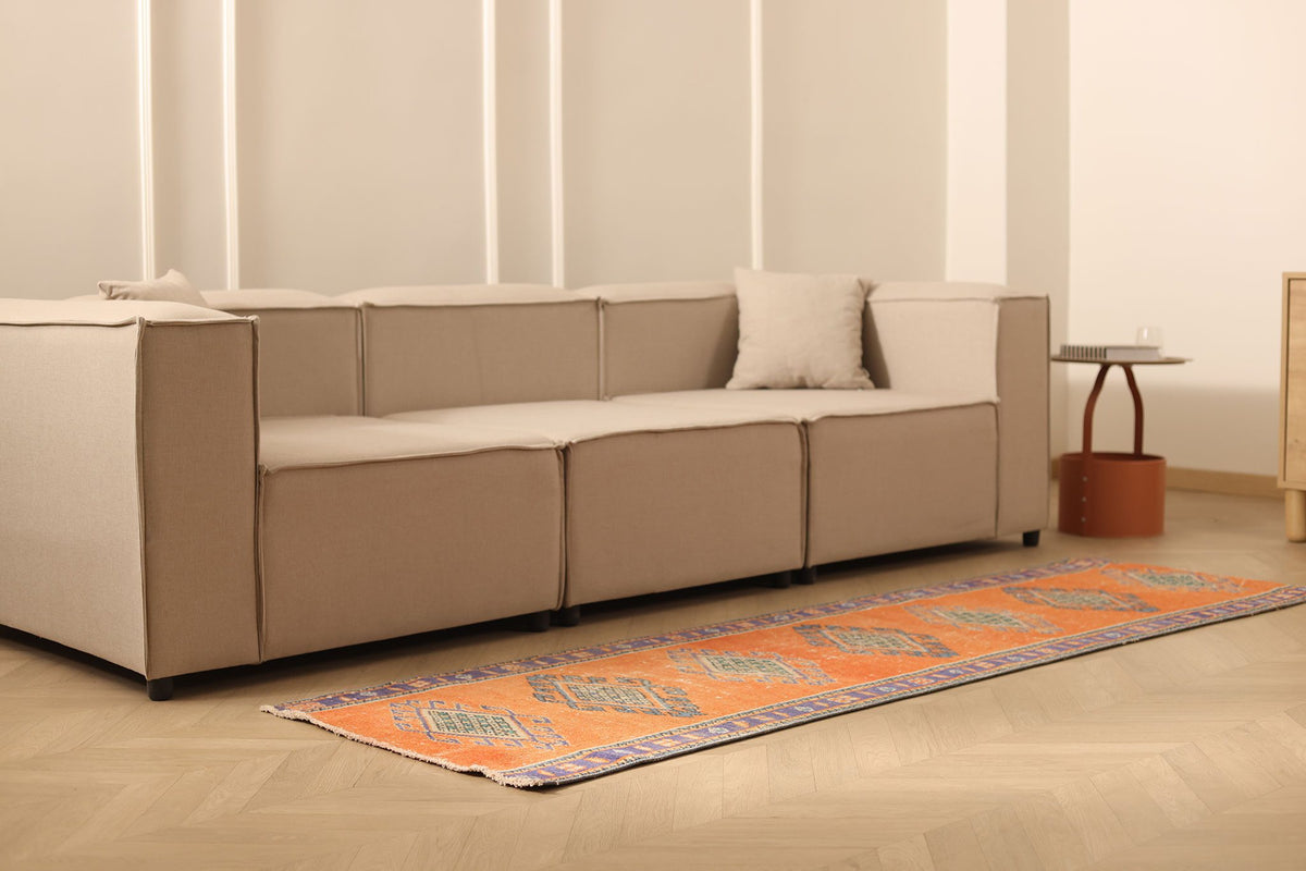 Vintage Manisa Turkish Runner Rug 2x8 ft — Orange & Blue Geometric