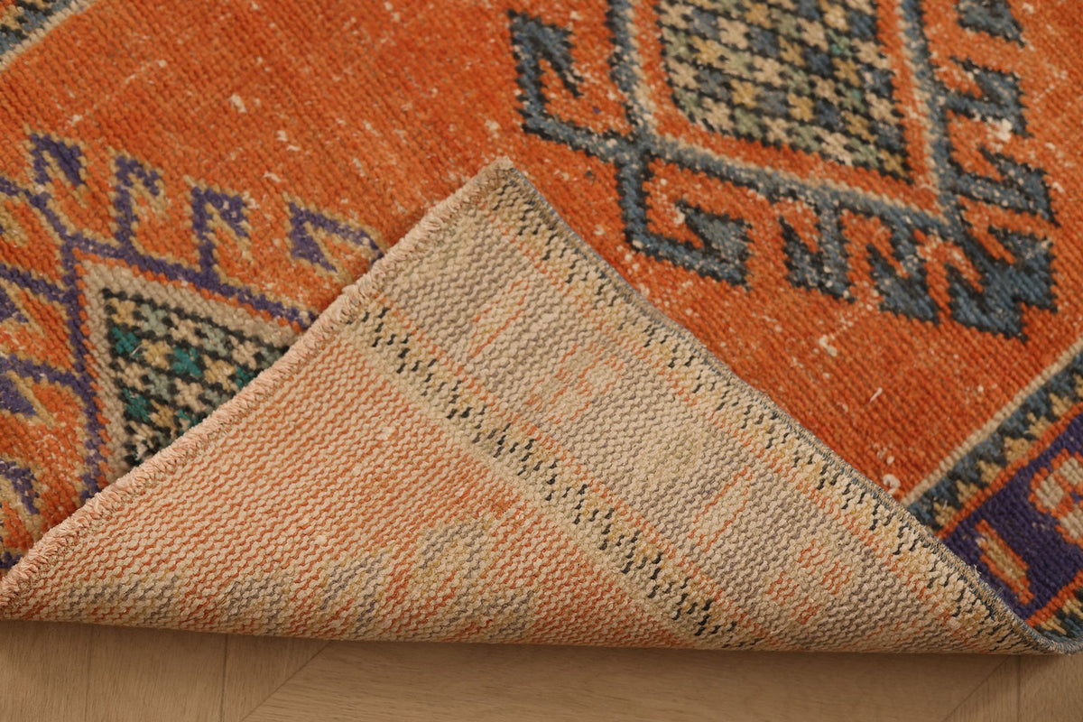 Vintage Manisa Turkish Runner Rug 2x8 ft — Orange & Blue Geometric