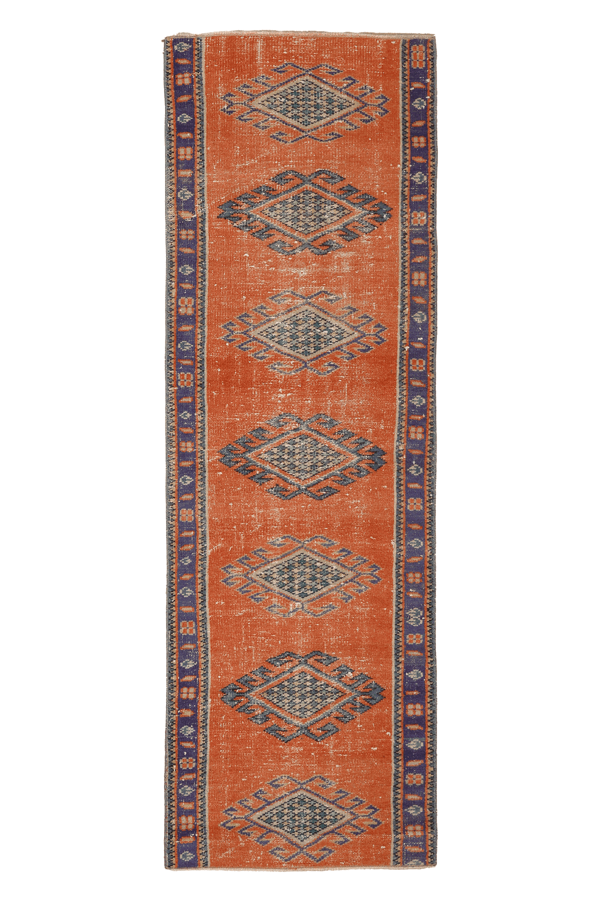 Vintage Manisa Turkish Runner Rug 2x8 ft — Orange & Blue Geometric