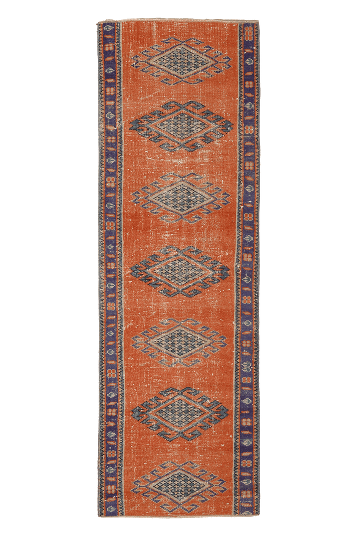Vintage Manisa Turkish Runner Rug 2x8 ft — Orange & Blue Geometric