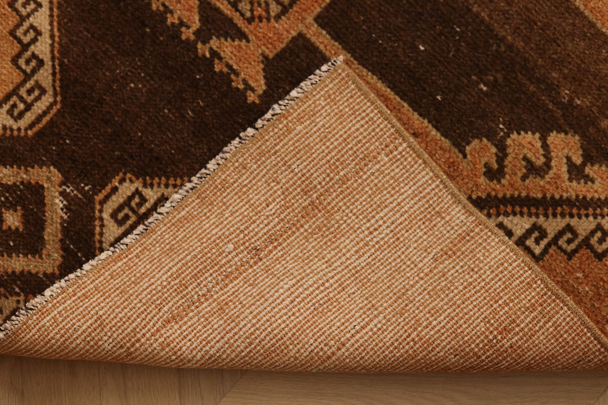 Vintage Malatya Turkish Runner Rug 3x13 ft — Brown & Orange Geometric