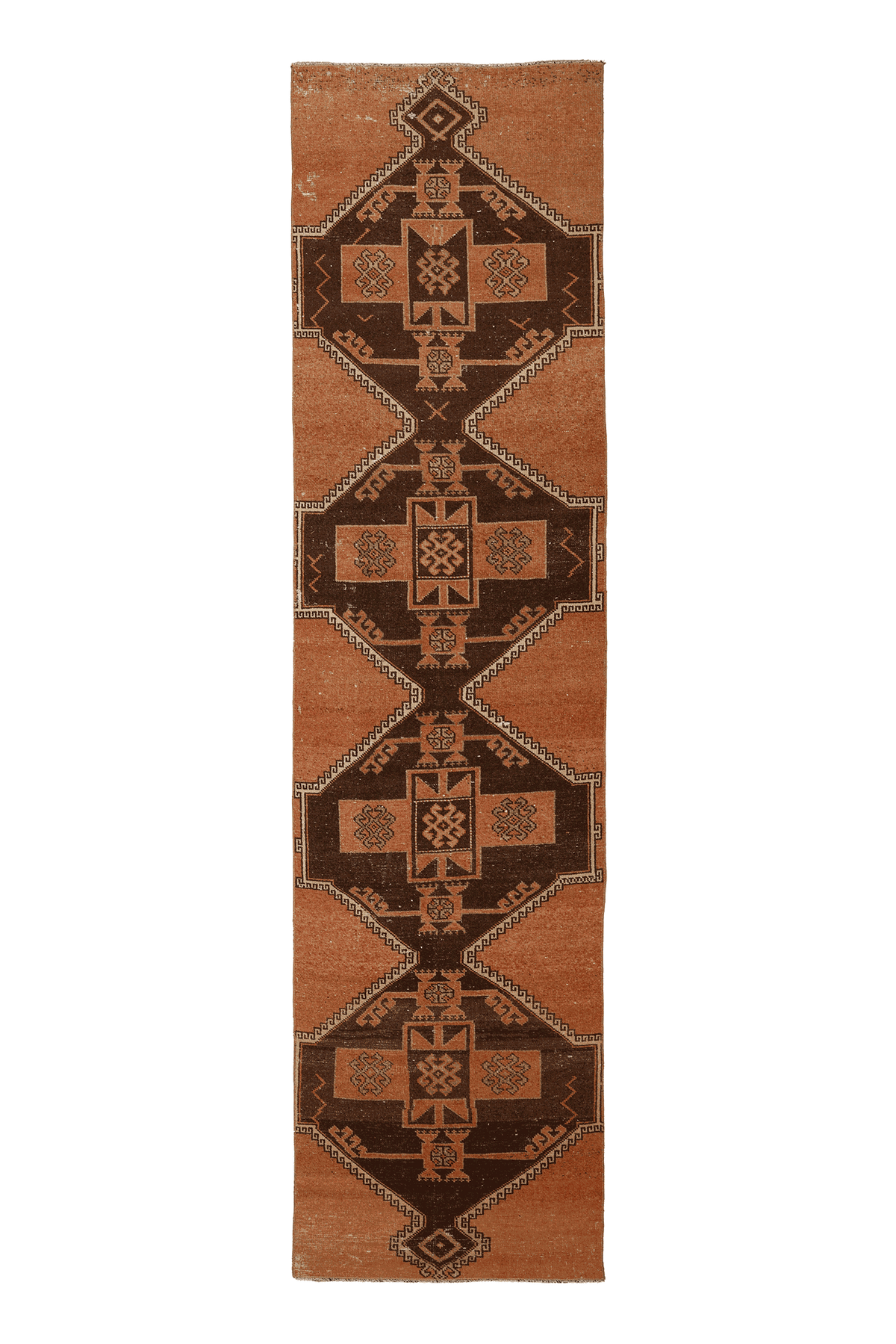 Vintage Malatya Turkish Runner Rug 3x13 ft — Brown & Orange Geometric