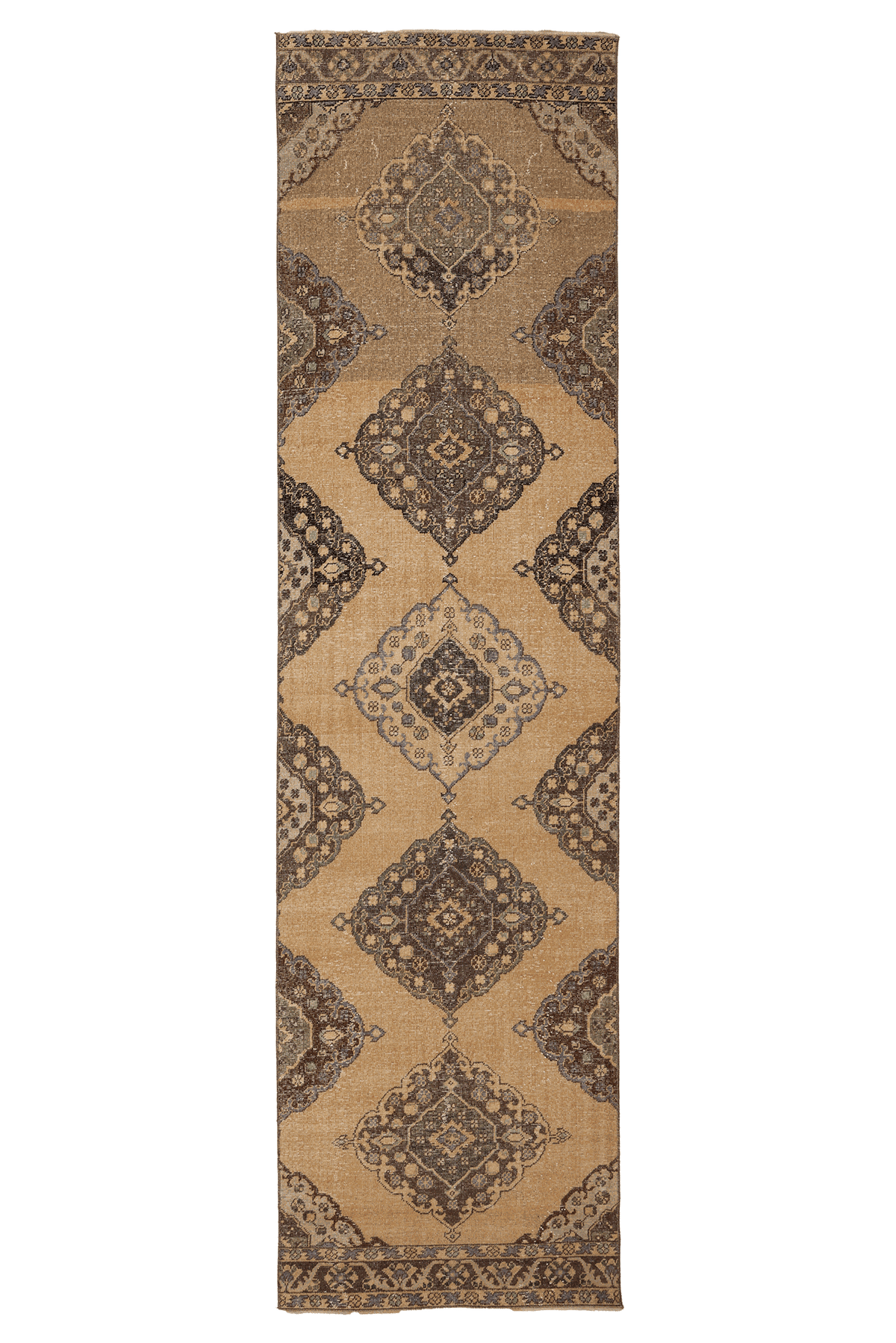 Vintage Konya Turkish Runner Rug 3x13 ft — Beige & Brown Geometric