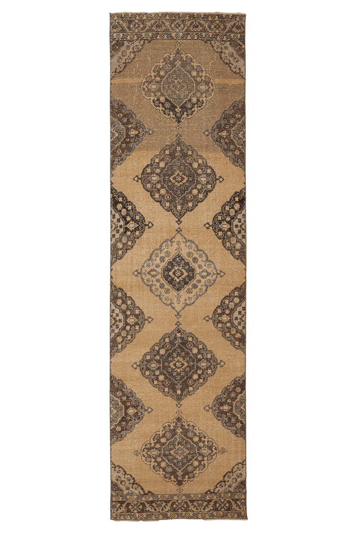 Vintage Konya Turkish Runner Rug 3x13 ft — Beige & Brown Geometric