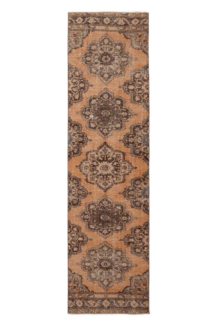 Vintage Konya Turkish Runner Rug 3x11 ft — Orange & Brown Geometric