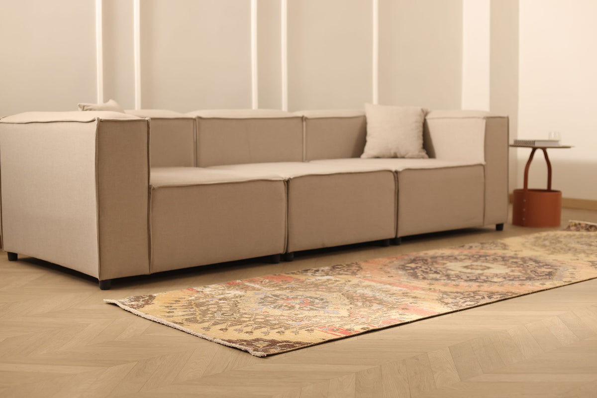 Vintage Konya Turkish Runner Rug 3x11 ft — Beige & Brown Floral