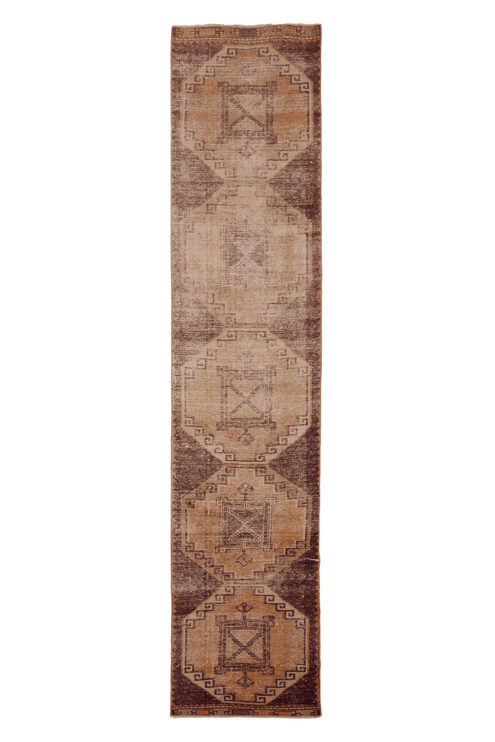 Vintage Malatya Turkish Runner Rug 3x13 ft — Brown & Beige Geometric