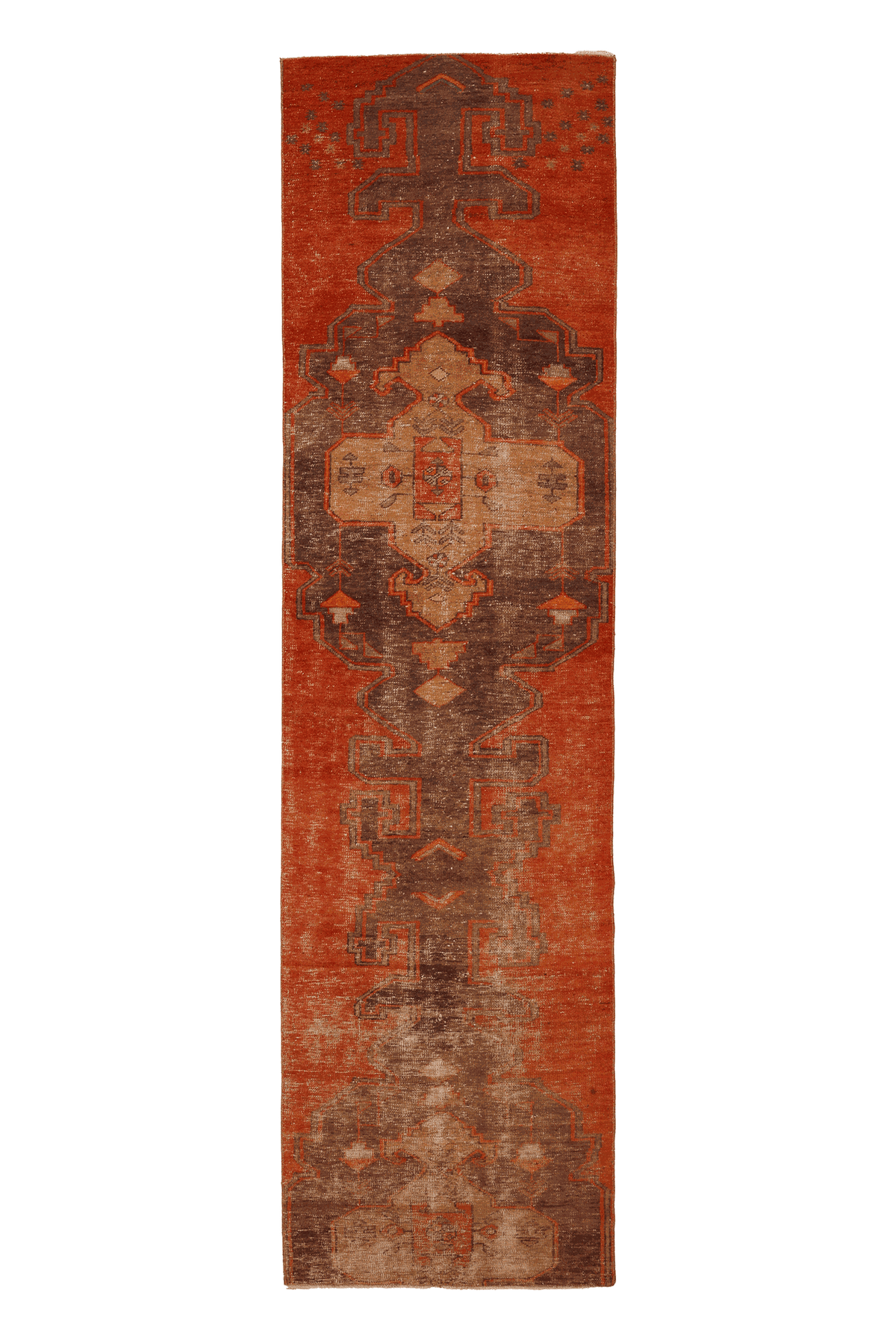 Vintage Malatya Turkish Runner Rug 3x10 ft — Orange & Brown Geometric