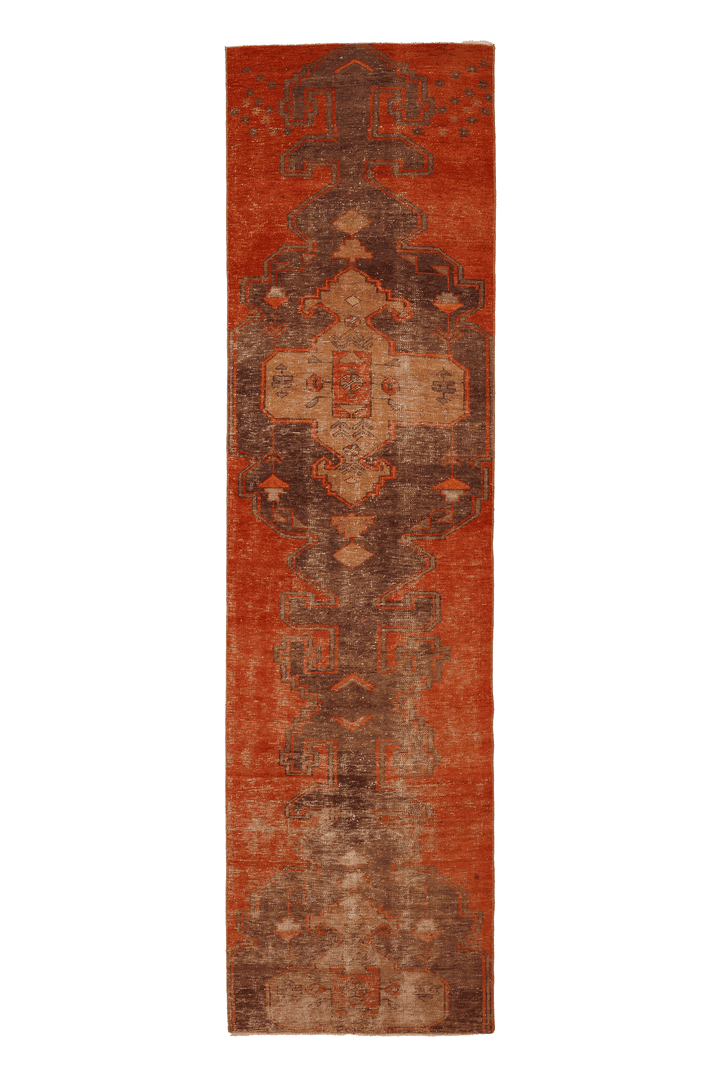 Vintage Malatya Turkish Runner Rug 3x10 ft — Orange & Brown Geometric