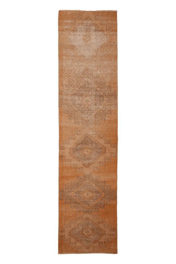 Vintage Malatya Turkish Runner Rug 3x12 ft — Orange & Brown Geometric