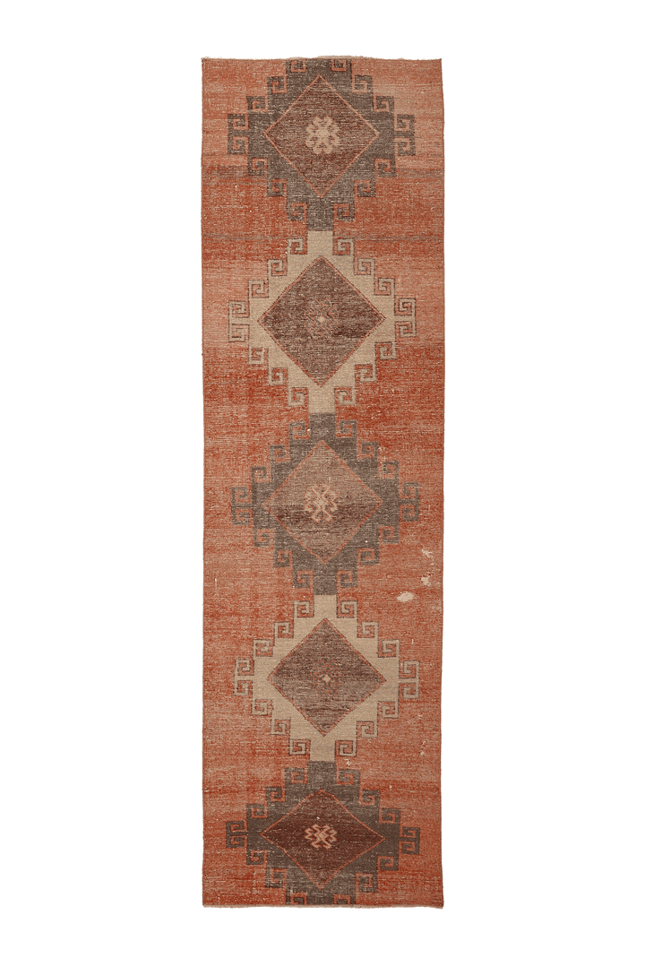 Vintage Malatya Turkish Runner Rug 3x11 ft — Orange & Brown Geometric