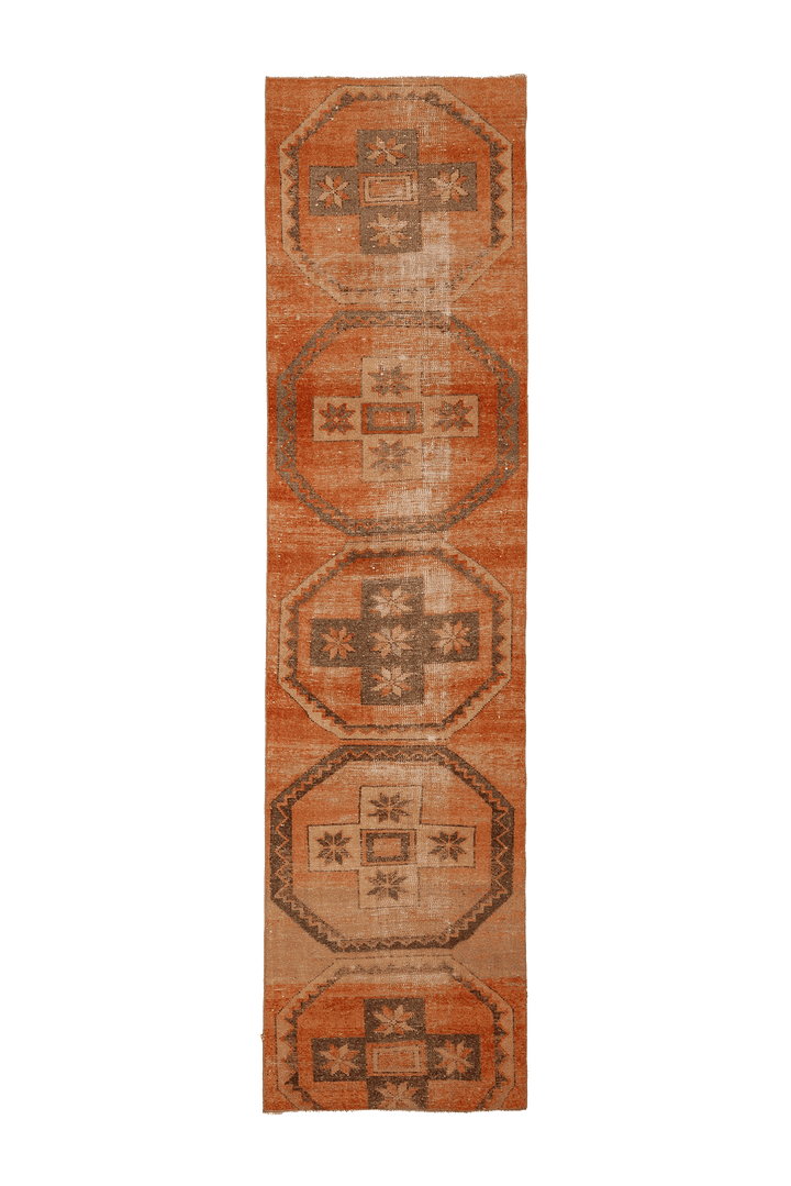 Vintage Malatya Turkish Runner Rug 3x11 ft — Orange & Brown Geometric
