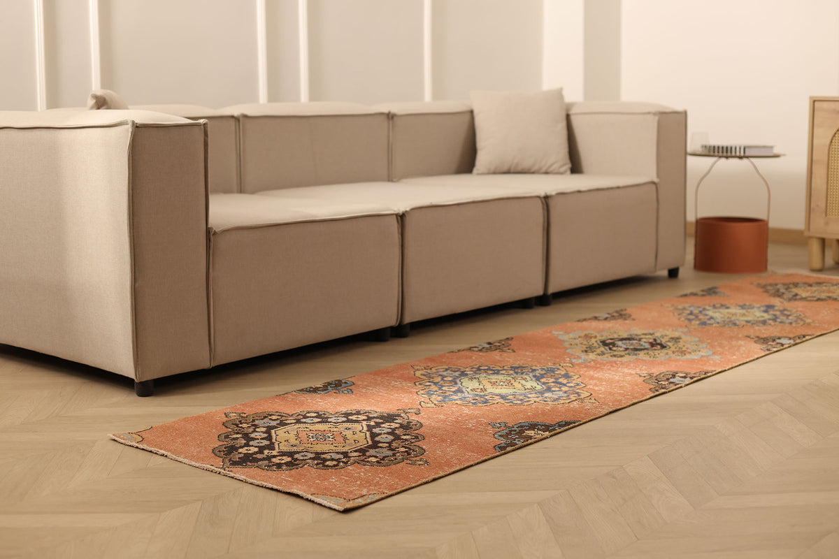 Vintage Konya Turkish Runner Rug 2x10 ft — Brown Floral