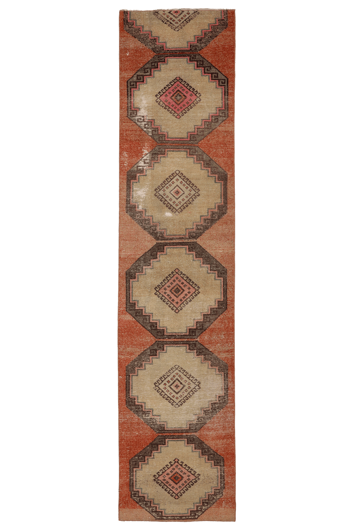 Vintage Konya Turkish Runner Rug 2x11 ft — Brown & Beige Geometric