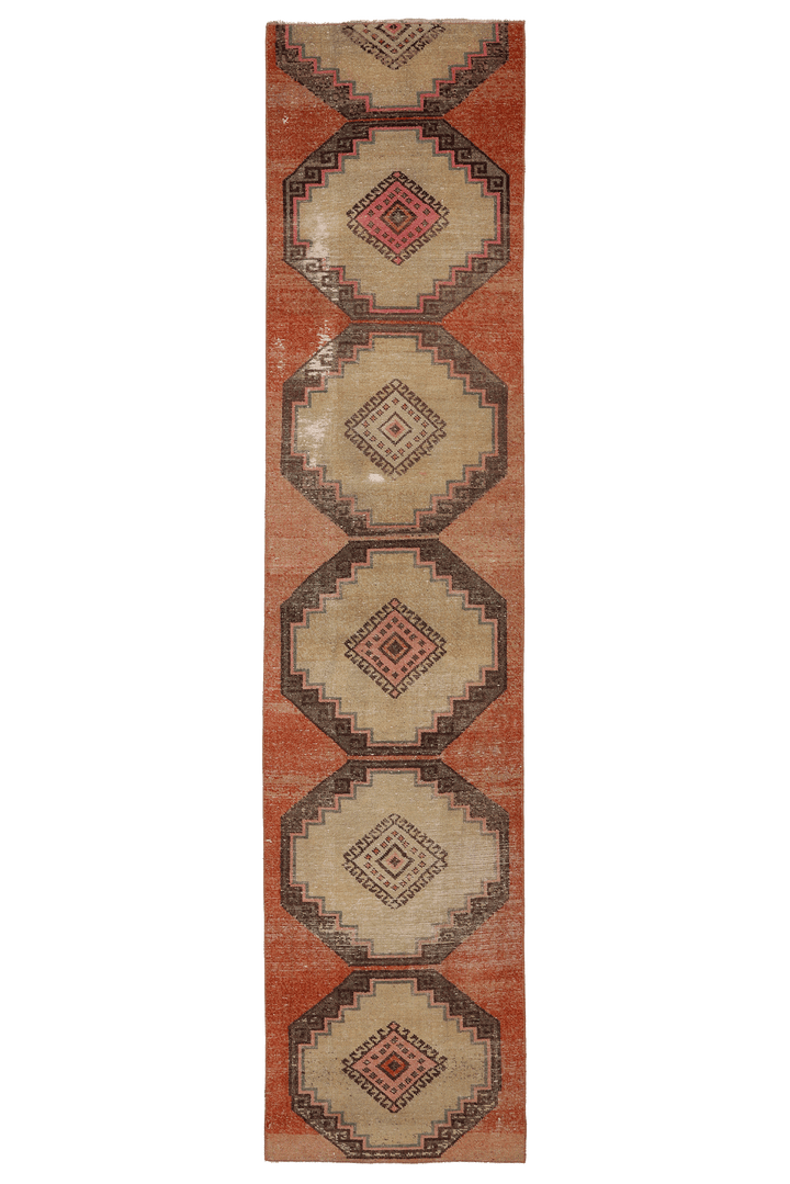Vintage Konya Turkish Runner Rug 2x11 ft — Brown & Beige Geometric