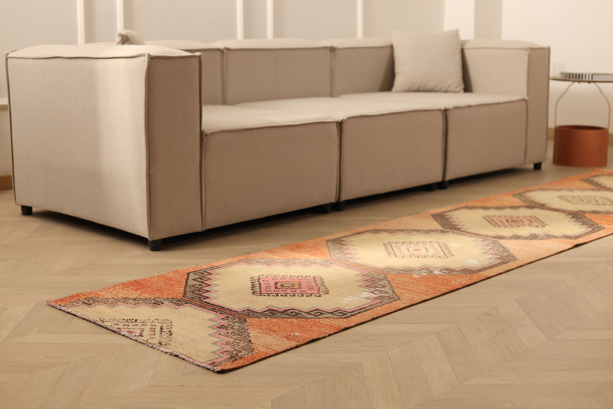 Vintage Konya Turkish Runner Rug 2x11 ft — Brown & Beige Geometric