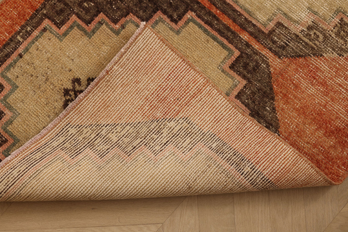 Vintage Konya Turkish Runner Rug 2x11 ft — Brown & Beige Geometric