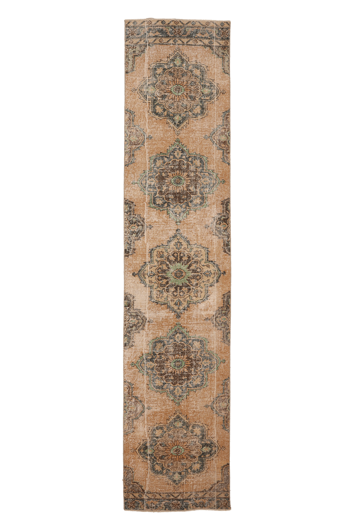 Vintage Konya Turkish Runner Rug 2x12 ft — Brown & Green Geometric