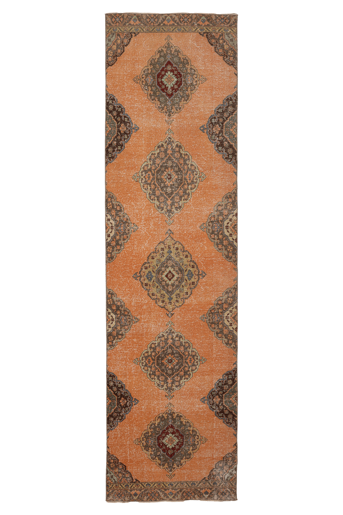 Vintage Konya Turkish Runner Rug 3x12 ft — Orange & Brown Geometric (No. 25086)